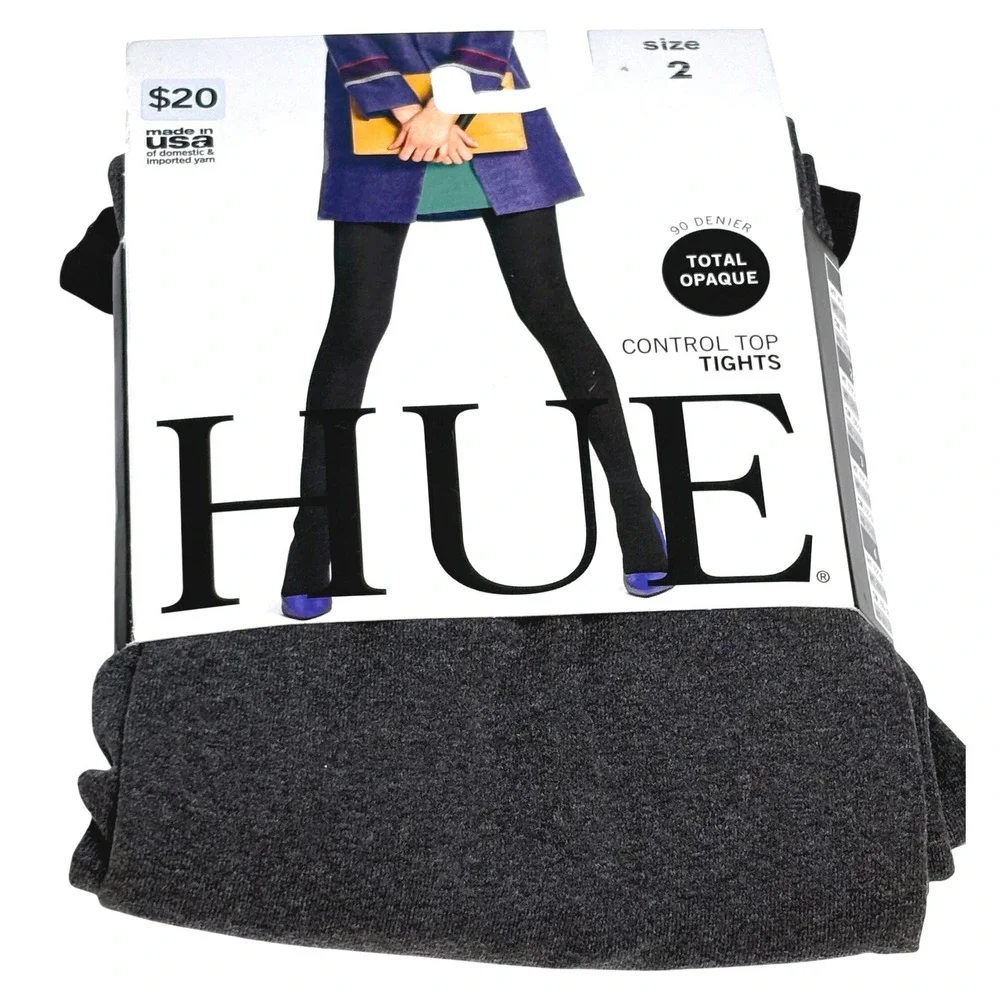 HUE size 2 Control Top Tights Graphite Heather Total Opaque U20285 pantyhose
